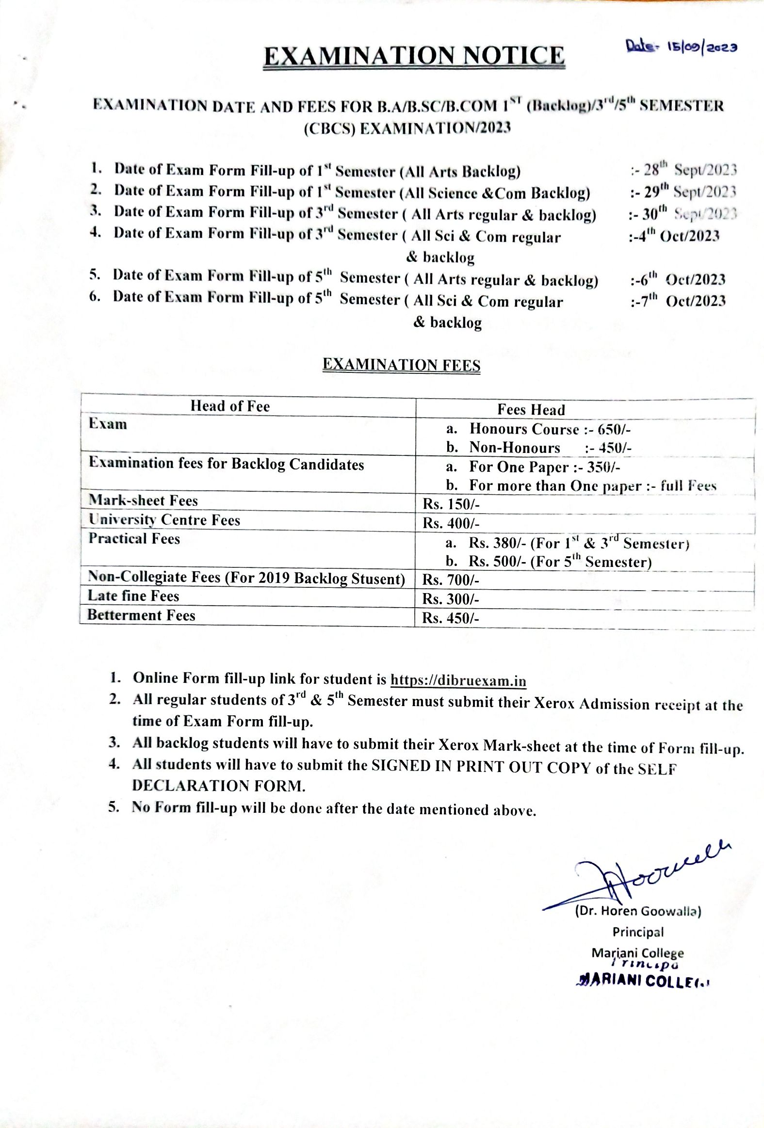 Examination Notice